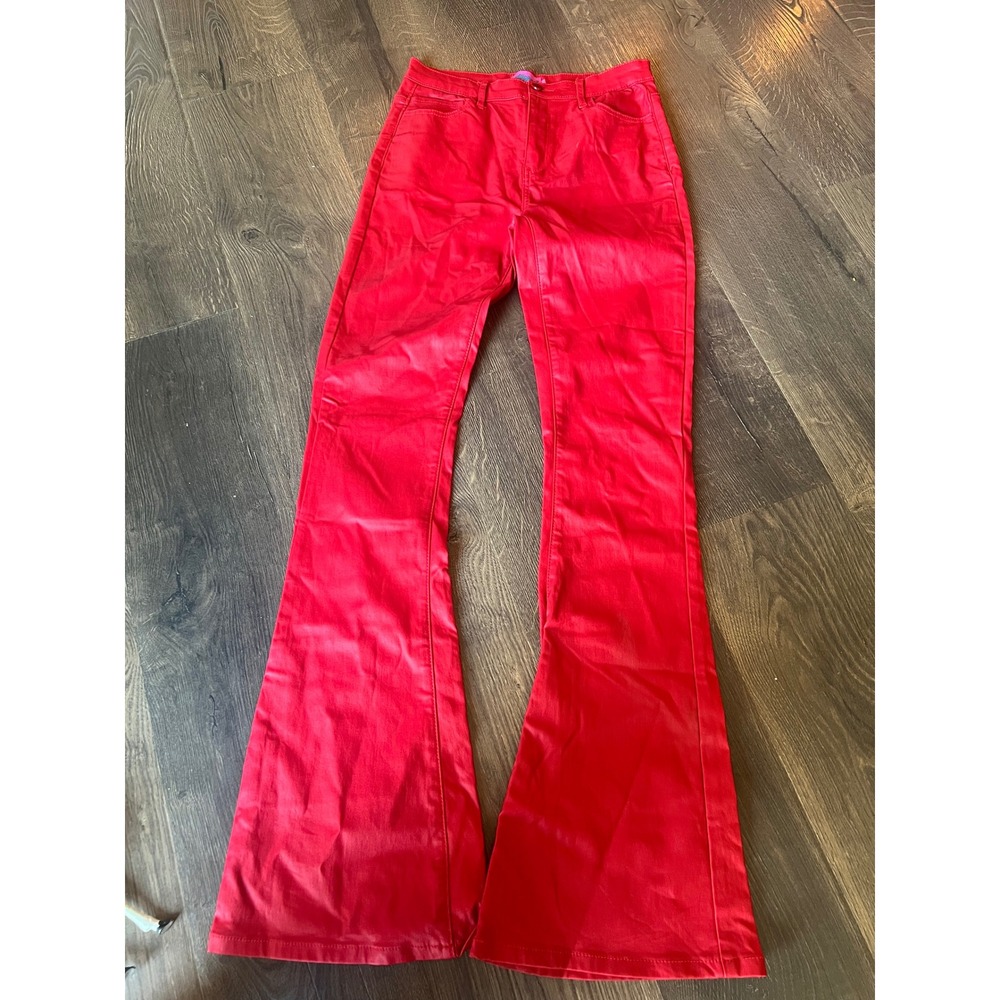 Edikted Red Coated Flare Pants High Waisted Bell Bottom Trousers Size L